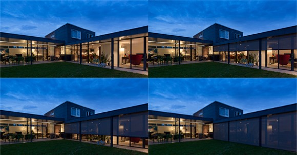 Vier foto's van een verbouwde bungalow met screen aan buitenzijde in verschillende standen